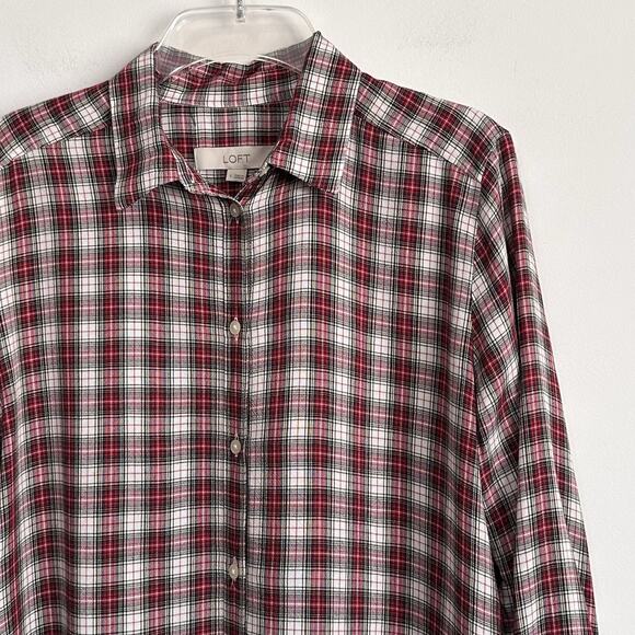 LOFT Tunic Blouse S Plaid Long Sleeve Rayon Soft Casual Trendy Button Front - Picture 3 of 9